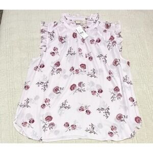 NEW LOFT Top Womens XL Pink Floral Ruffled Sleeveless Button Cottagecore